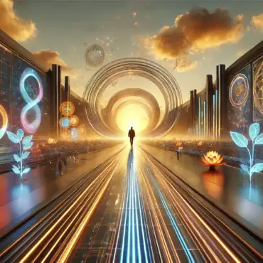 A wide-aspect futuristic image symbolizing personal transformation under the theme 'Redesigning Yourself - A Path to True Transformation,' illuminated