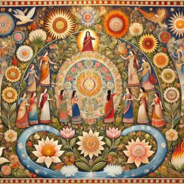 A-wide-aspect-image-in-folk-art-tapestry-style-depicting-the-theme-Awakening-the-Divine-Feminine-Empowering-Women-at-Satyasadhaka