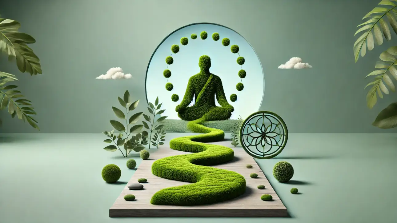 A wide-aspect minimalist image made entirely of moss, representing the theme 'Karma Vimochana - Releasing Karmic Burdens for True Freedom