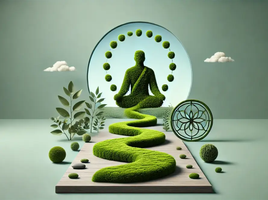 A wide-aspect minimalist image made entirely of moss, representing the theme 'Karma Vimochana - Releasing Karmic Burdens for True Freedom